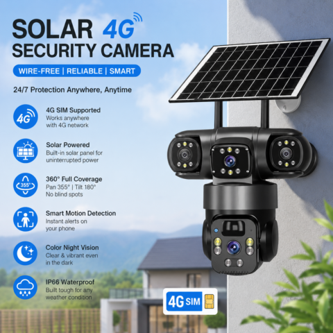 3 Lens Solar 4G SIM Security Camera | 360° Outdoor CCTV Camera with Night Vision & Motion Detection