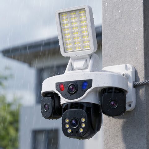 ১০০W LED লাইটসহ ৩ লেন্স সোলার সিকিউরিটি ক্যামেরা – 4G সিম সাপোর্ট